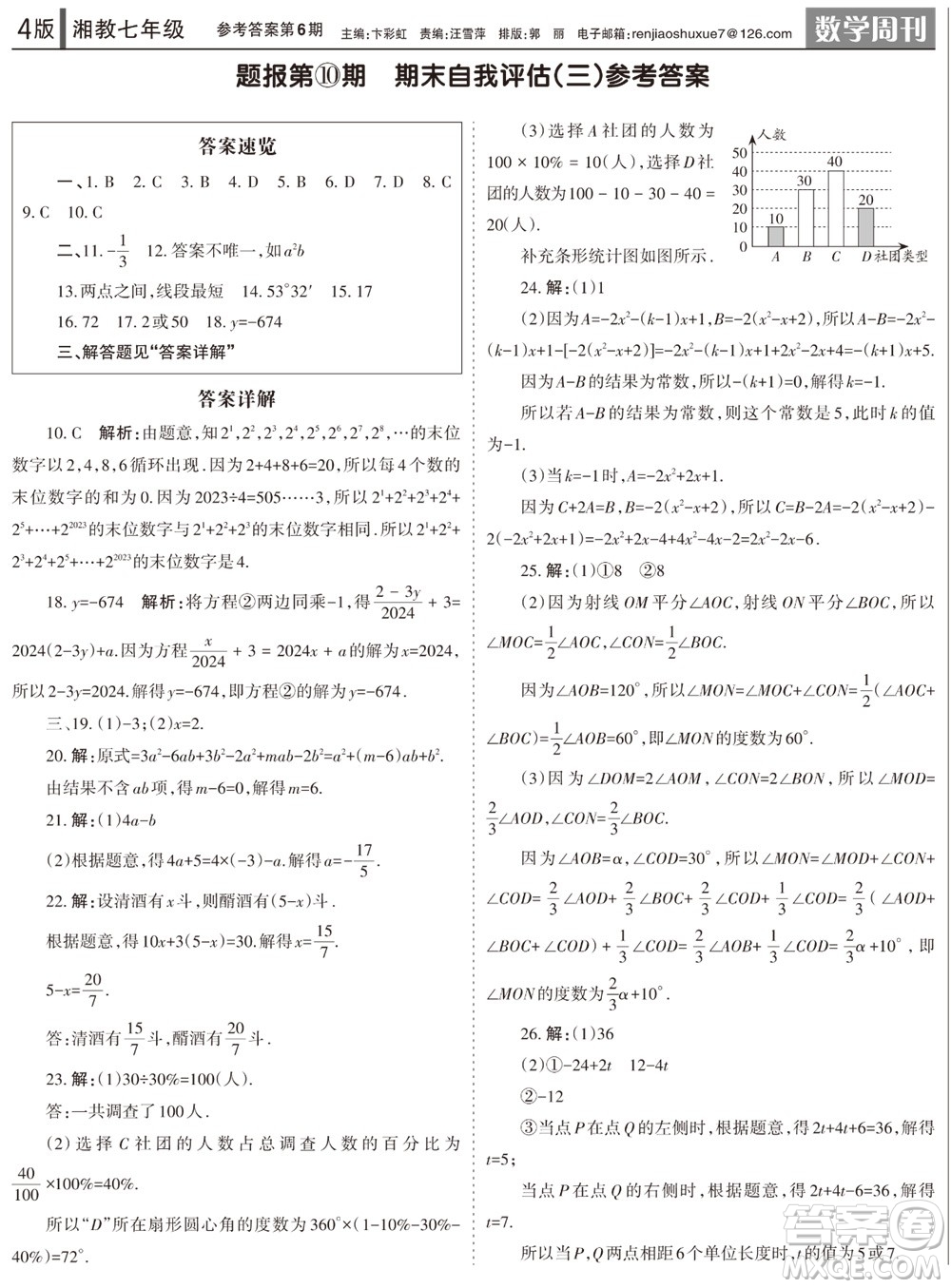 2023年秋學(xué)習(xí)方法報(bào)數(shù)學(xué)周刊七年級(jí)上冊(cè)湘教版第6期參考答案