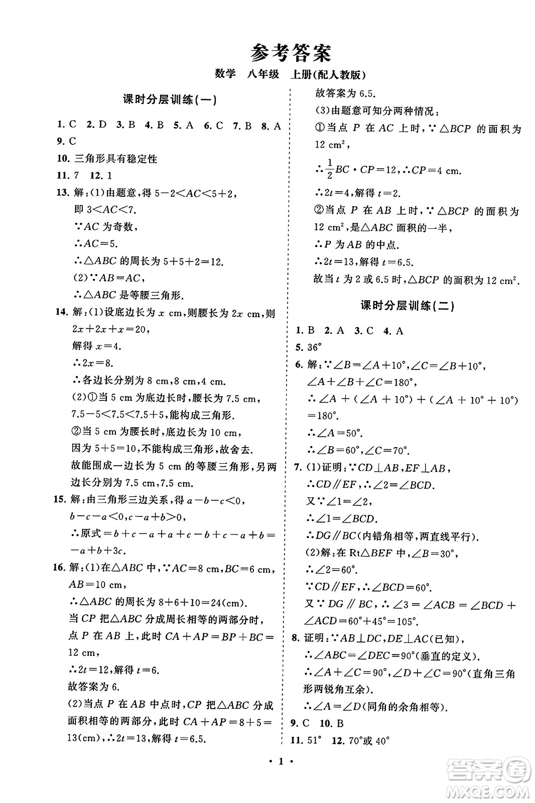 山東教育出版社2023年秋初中同步練習(xí)冊分層卷八年級數(shù)學(xué)上冊人教版答案