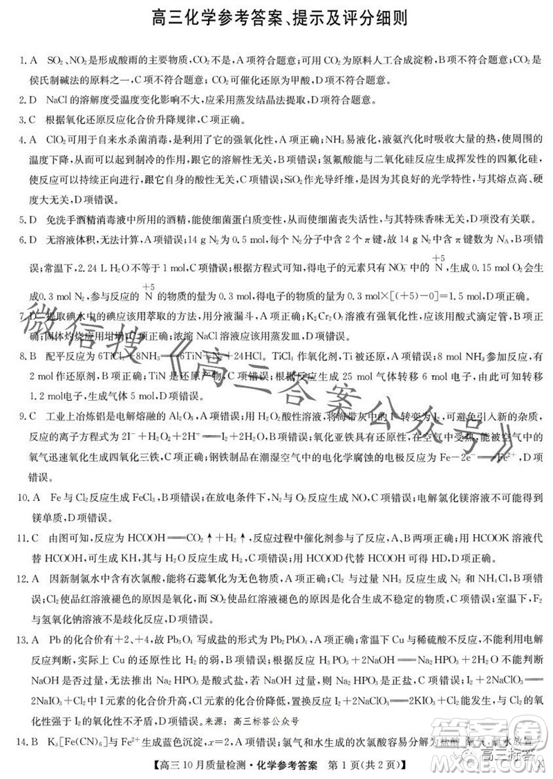 2024屆九師聯(lián)盟高三10月質(zhì)量檢測化學試卷答案