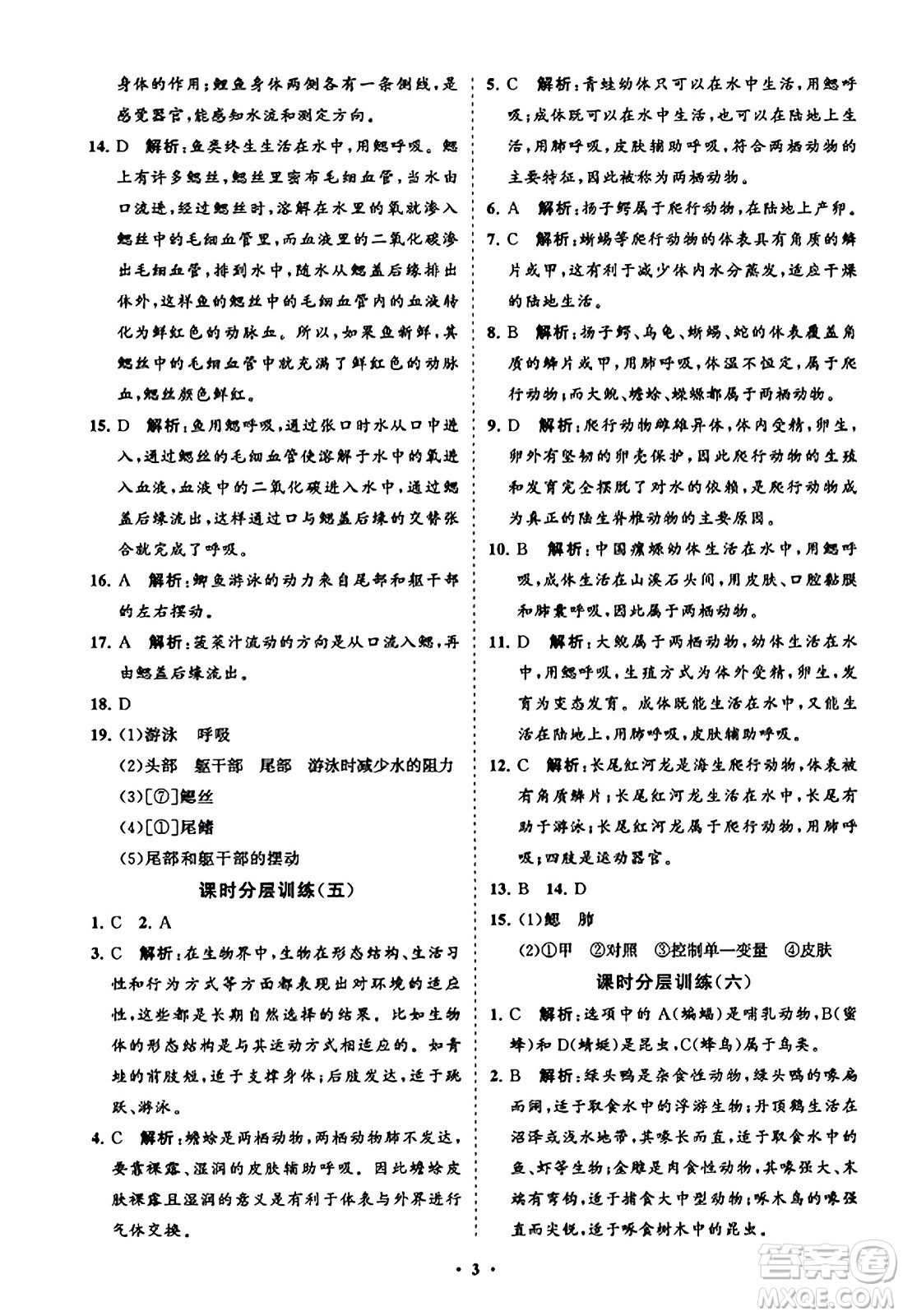 山東教育出版社2023年秋初中同步練習冊分層卷八年級生物學上冊人教版答案