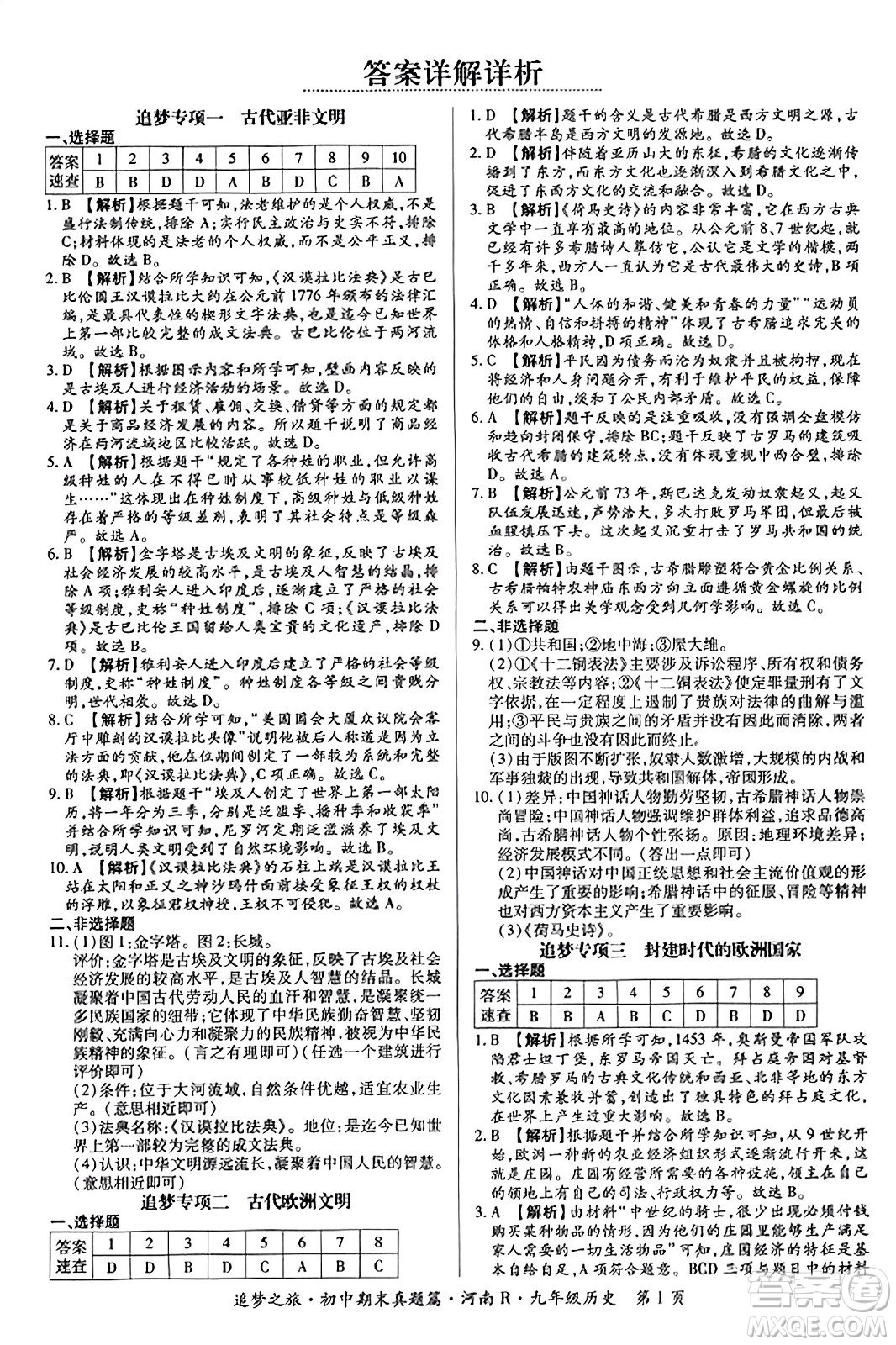 天津科學(xué)技術(shù)出版社2023年秋追夢之旅初中期末真題篇九年級歷史全一冊人教版河南專版答案