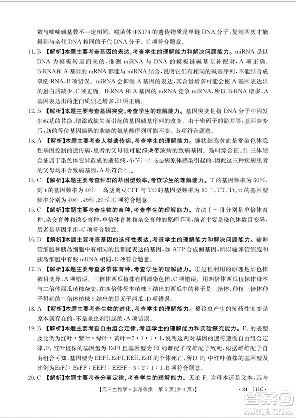 2024屆貴州金太陽(yáng)高三10月26日24-111C聯(lián)考生物試卷答案