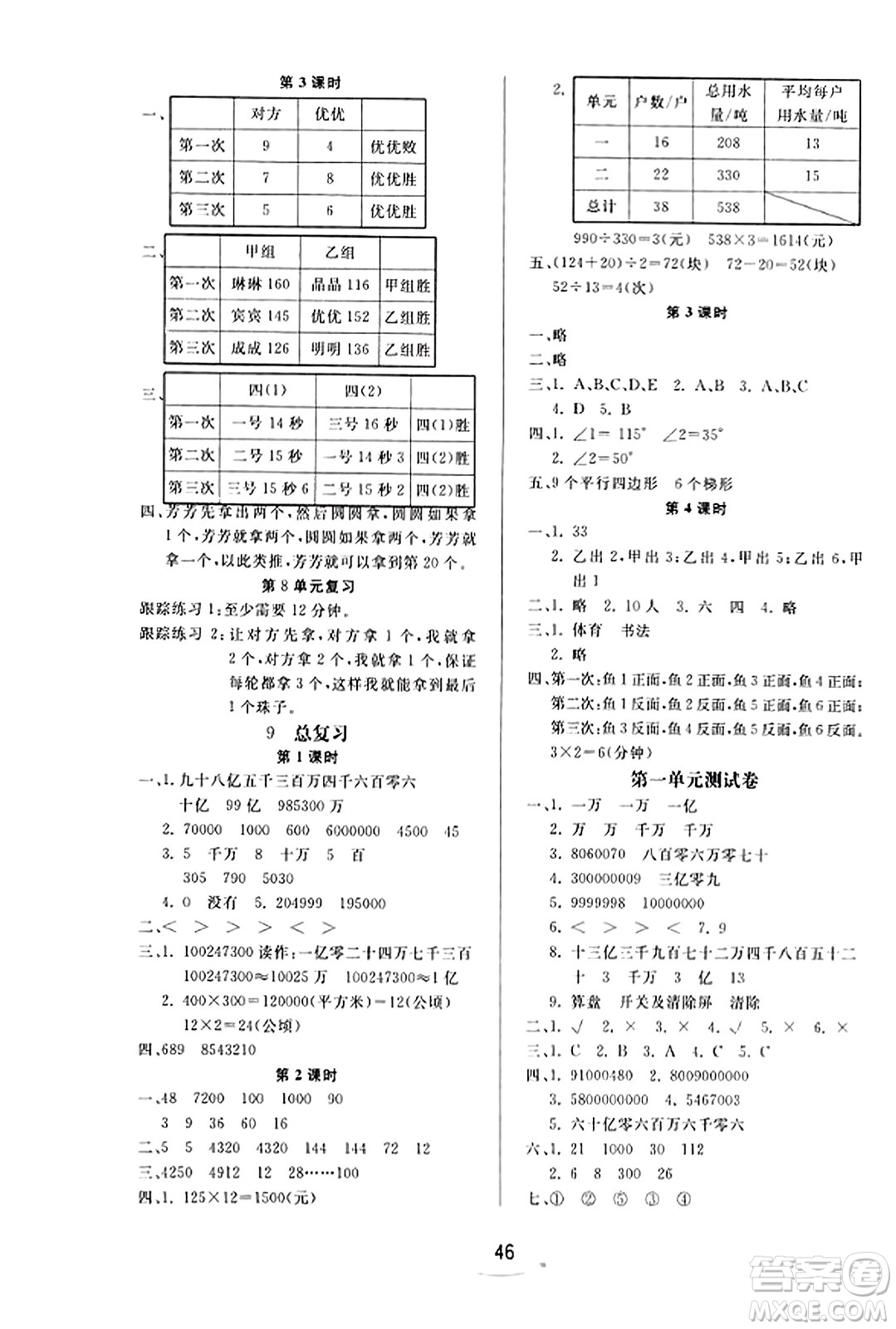安徽人民出版社2023年秋黃岡隨堂練四年級數(shù)學上冊人教版答案