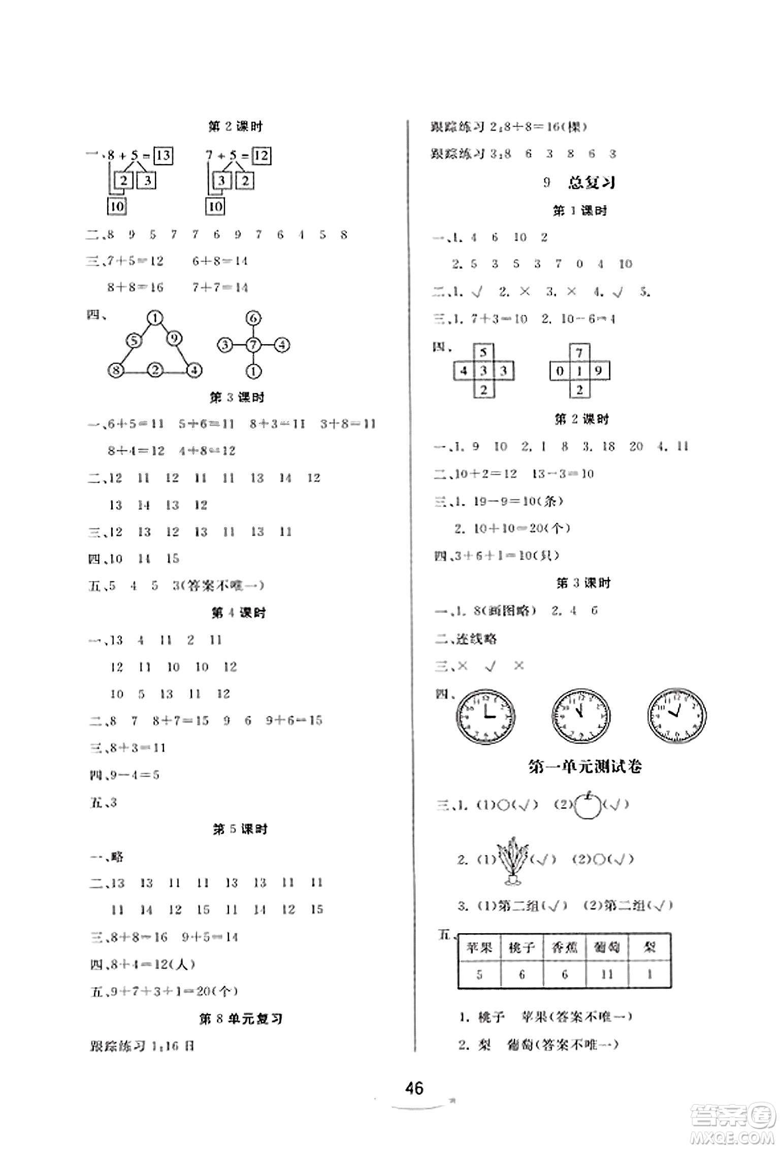 安徽人民出版社2023年秋黃岡隨堂練一年級數(shù)學(xué)上冊人教版答案