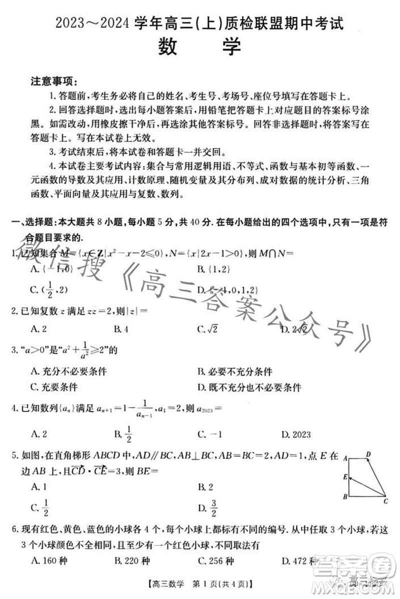 2024屆河北高三10月份質檢聯(lián)盟期中考試24-116數(shù)學試卷答案