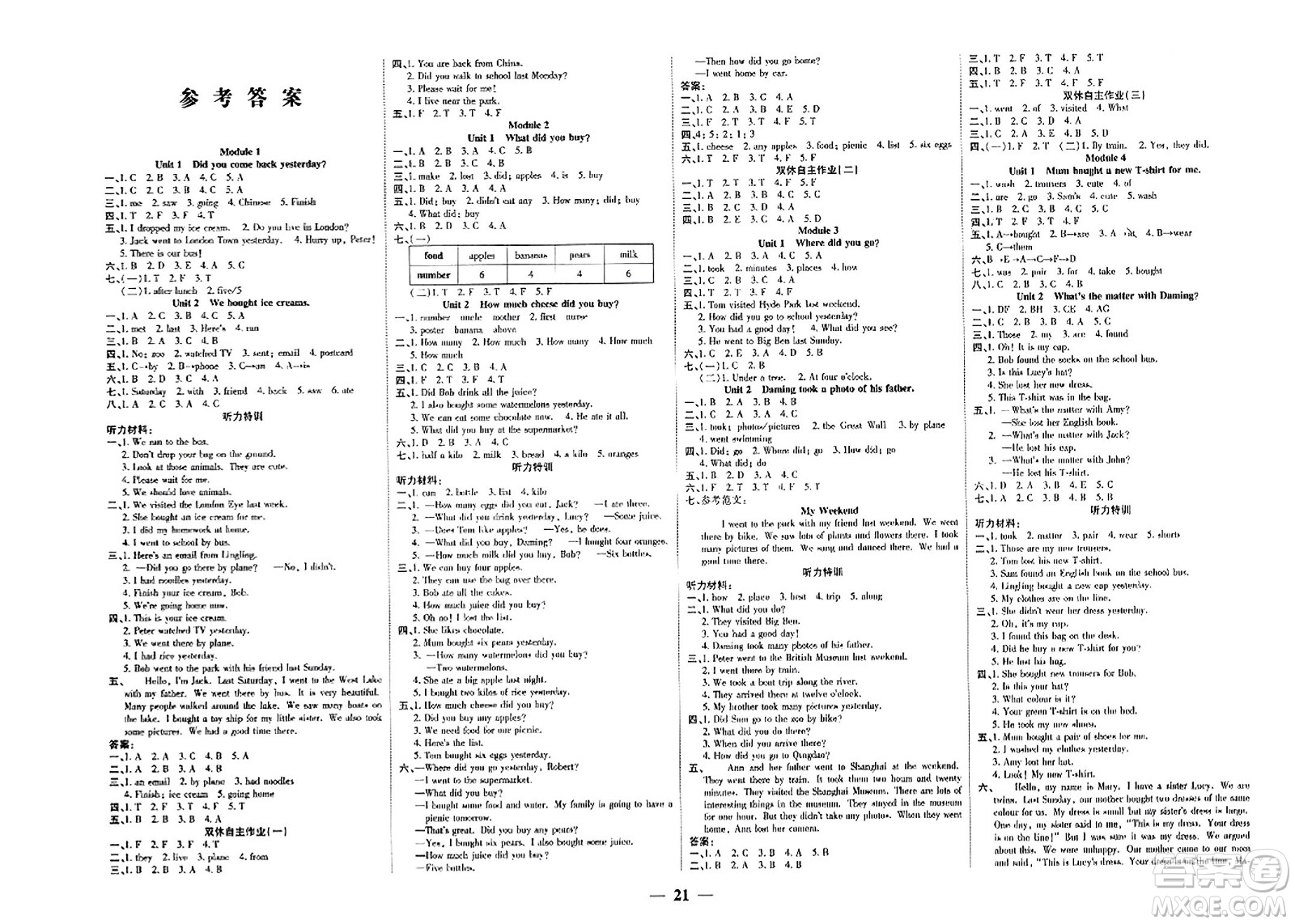 陽光出版社2023年秋激活思維智能訓練五年級英語上冊外研版答案