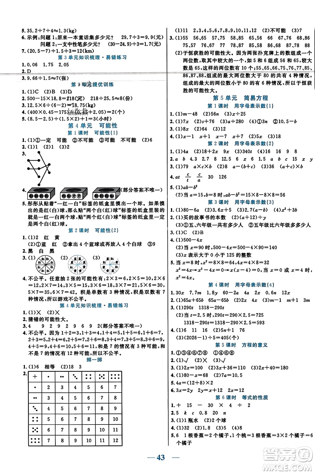 陽光出版社2023年秋激活思維智能訓練五年級數(shù)學上冊人教版答案
