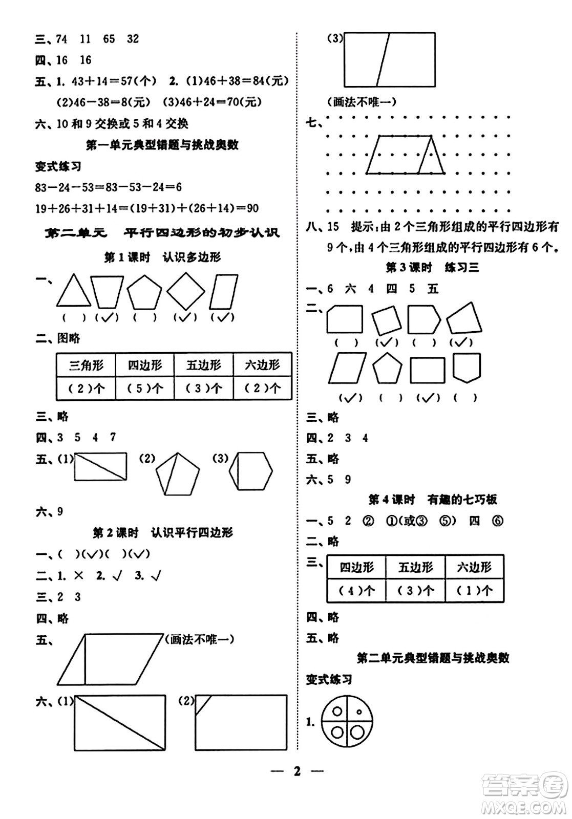 江蘇鳳凰美術(shù)出版社2023年秋隨堂練1+2二年級數(shù)學(xué)上冊江蘇版答案