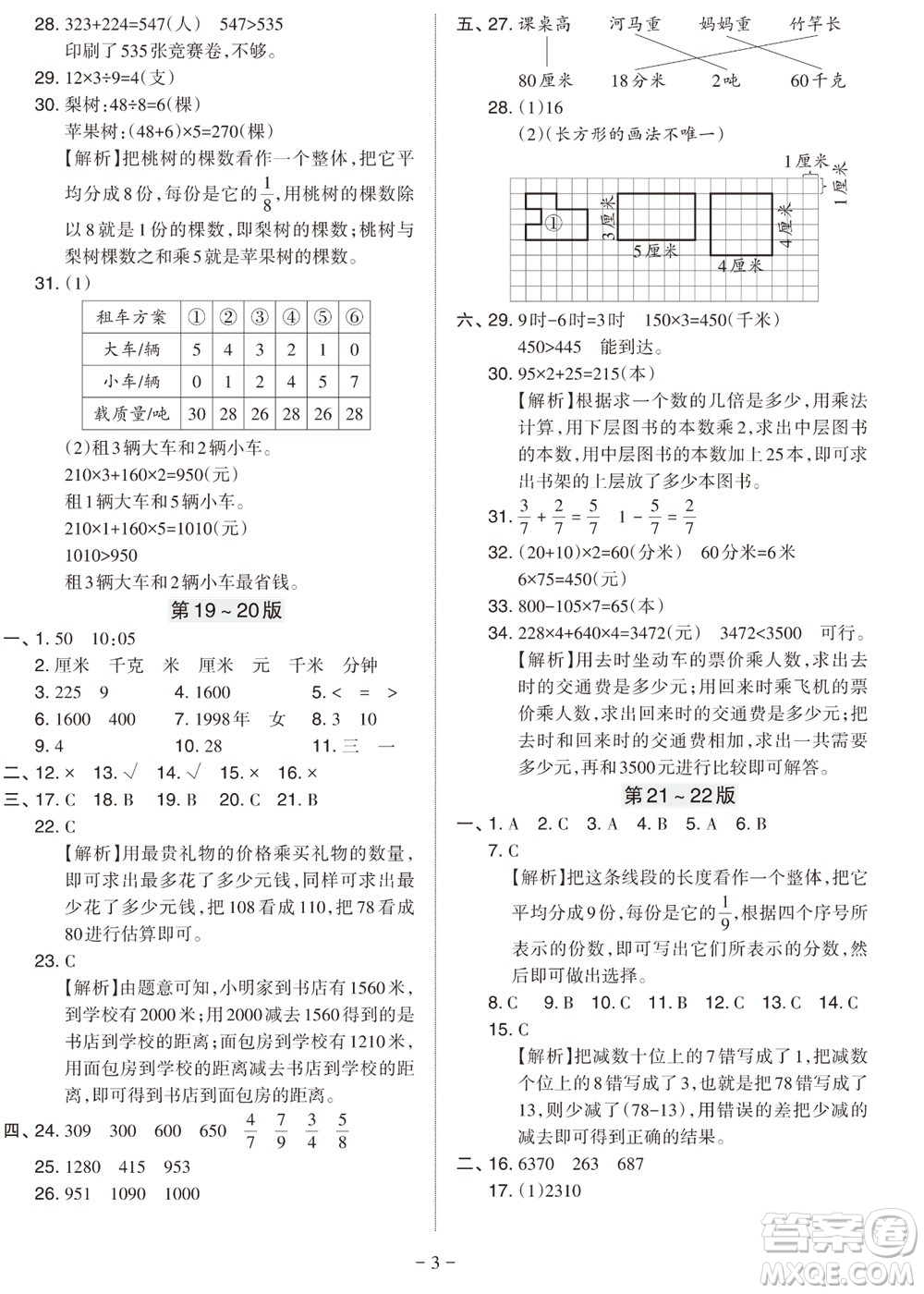 ?2023年秋學(xué)習(xí)方法報小學(xué)數(shù)學(xué)三年級上冊人教版期末專號參考答案