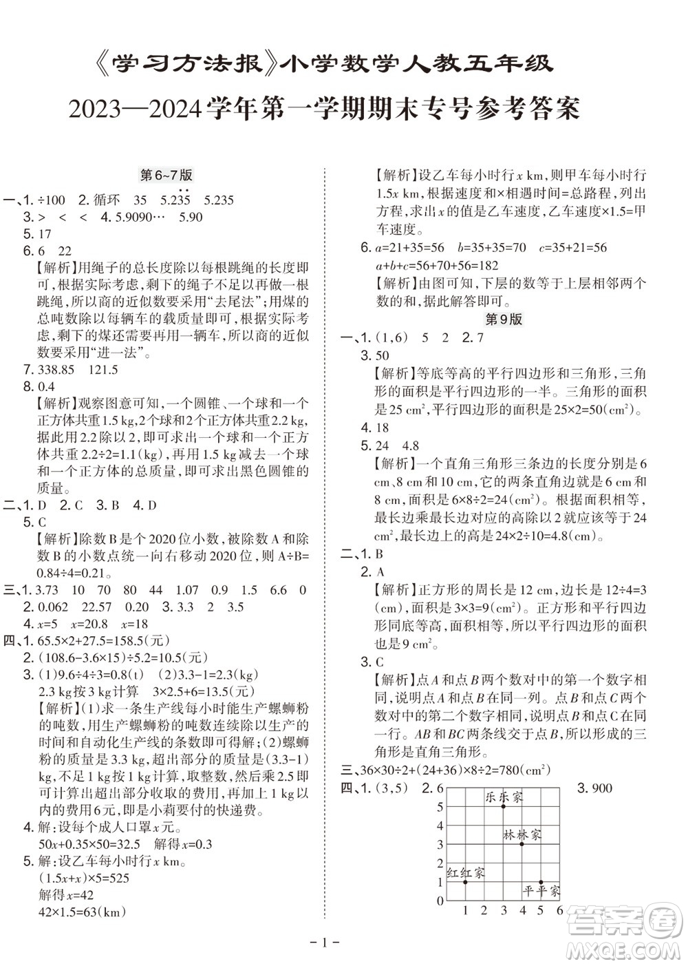 2023年秋學(xué)習(xí)方法報小學(xué)數(shù)學(xué)五年級上冊人教版期末專號參考答案
