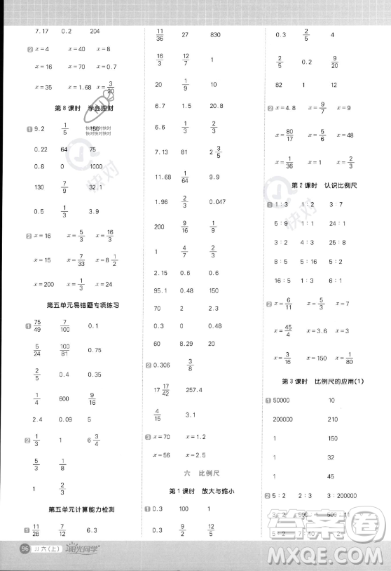 江西教育出版社2023年秋陽光同學計算小達人六年級數(shù)學上冊冀教版答案