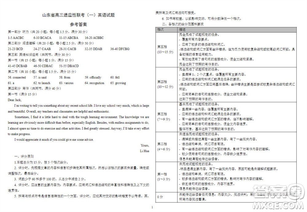2024屆山東省高三年級(jí)適應(yīng)性聯(lián)考一英語試題答案