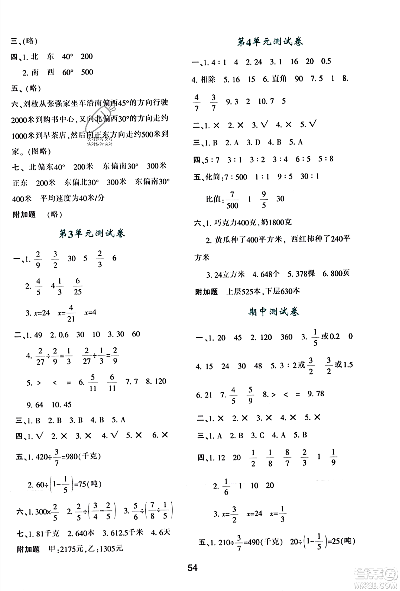 陜西人民教育出版社2023年秋學(xué)習(xí)與評價(jià)六年級(jí)數(shù)學(xué)上冊人教版答案