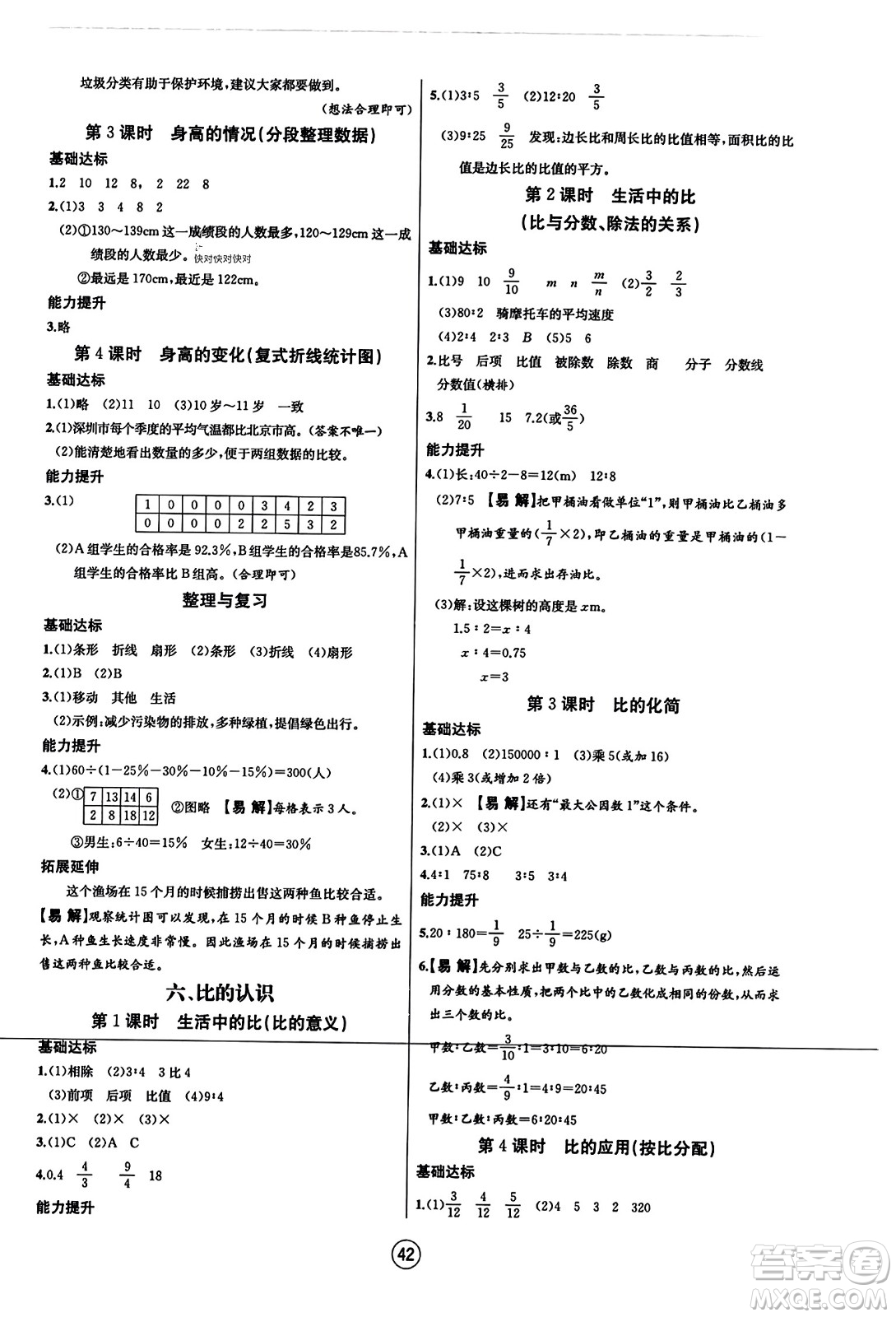 北方婦女兒童出版社2023年秋培優(yōu)課堂隨堂練習(xí)冊(cè)六年級(jí)數(shù)學(xué)上冊(cè)北師大版答案