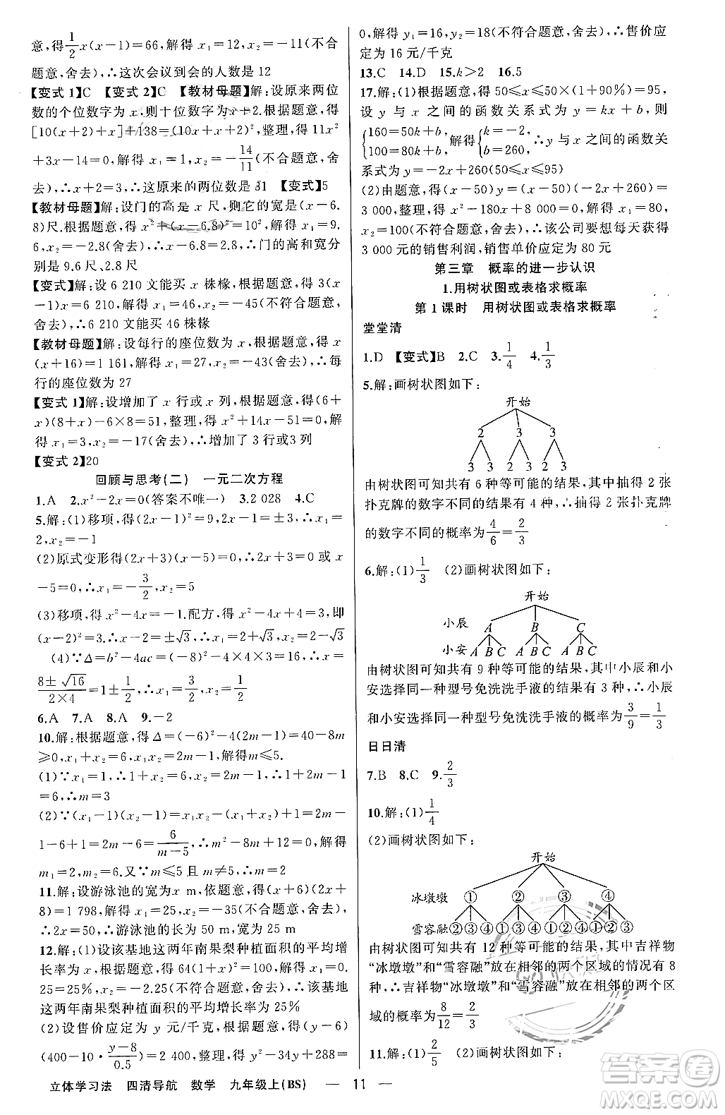 新疆青少年出版社2023年秋四清導(dǎo)航九年級數(shù)學(xué)上冊北師大版遼寧專班答案