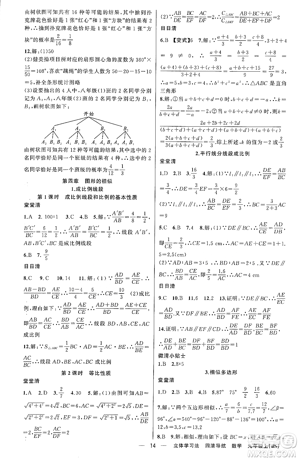 新疆青少年出版社2023年秋四清導(dǎo)航九年級數(shù)學(xué)上冊北師大版遼寧專班答案
