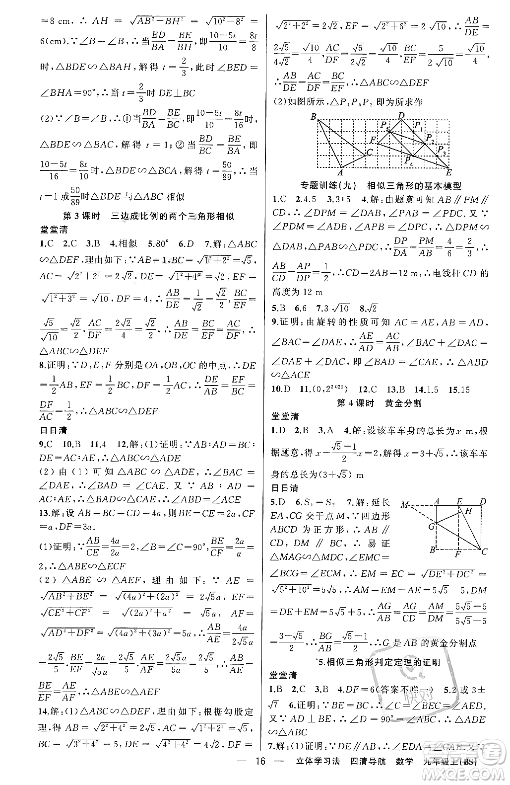 新疆青少年出版社2023年秋四清導(dǎo)航九年級數(shù)學(xué)上冊北師大版遼寧專班答案