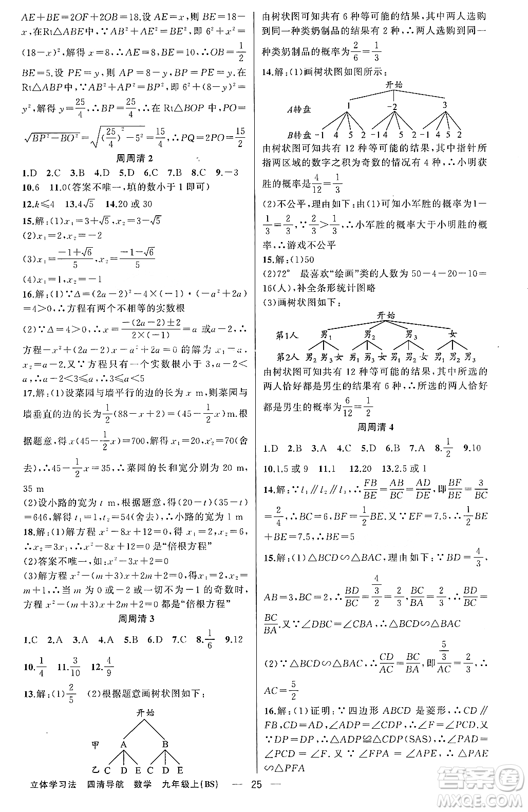 新疆青少年出版社2023年秋四清導(dǎo)航九年級數(shù)學(xué)上冊北師大版遼寧專班答案