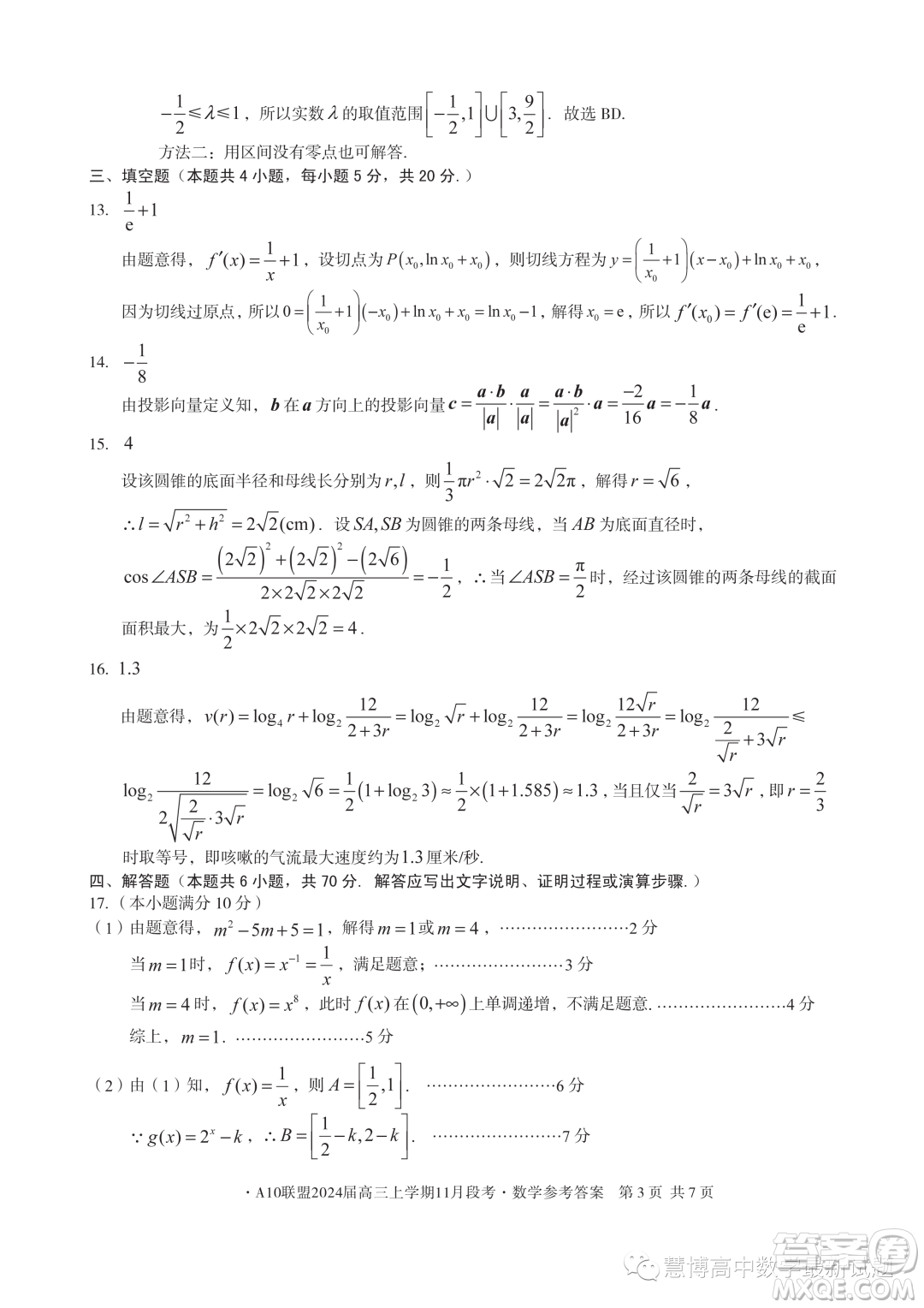 A10聯(lián)盟2024屆高三上學(xué)期11月段考數(shù)學(xué)試題答案