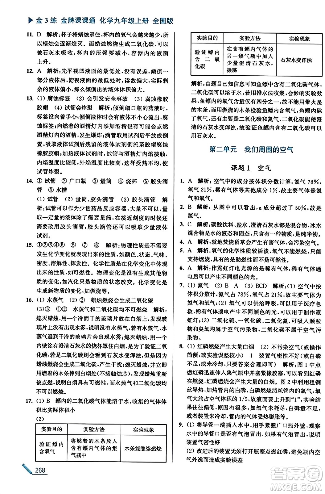 東南大學(xué)出版社2023年秋金3練金牌課課通九年級(jí)化學(xué)上冊(cè)全國(guó)版答案