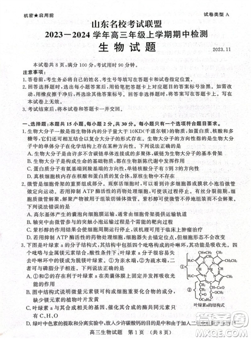 山東省名?？荚嚶?lián)盟2023-2024學(xué)年高三上學(xué)期11月期中檢測(cè)生物試題答案