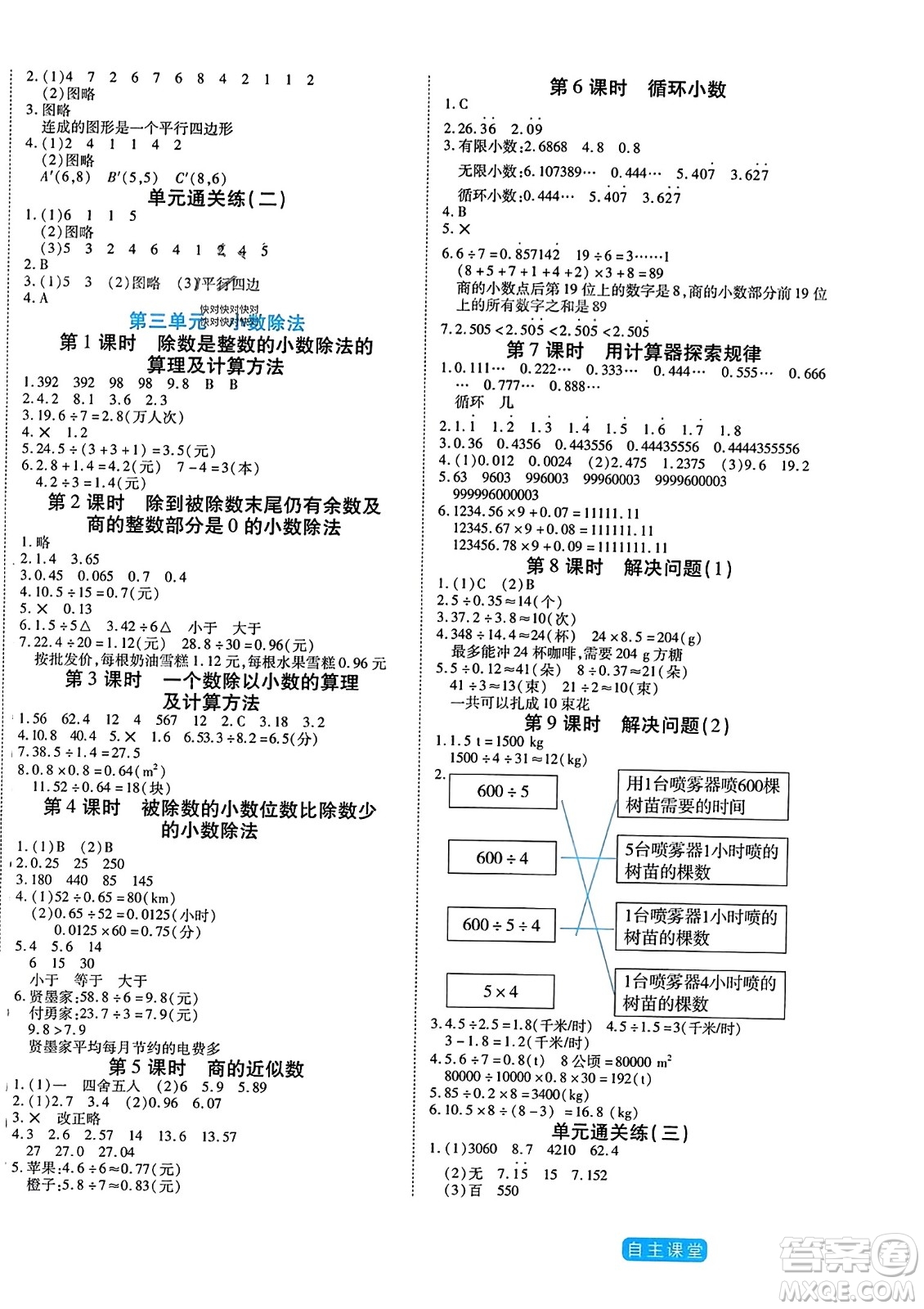 陽光出版社2023年秋自主課堂五年級數(shù)學上冊人教版答案
