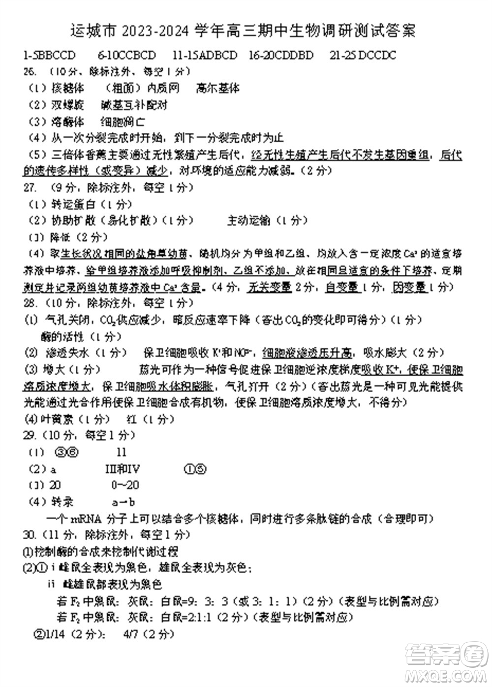 運城市2023-2024學(xué)年高三第一學(xué)期期中調(diào)研測試生物試題答案