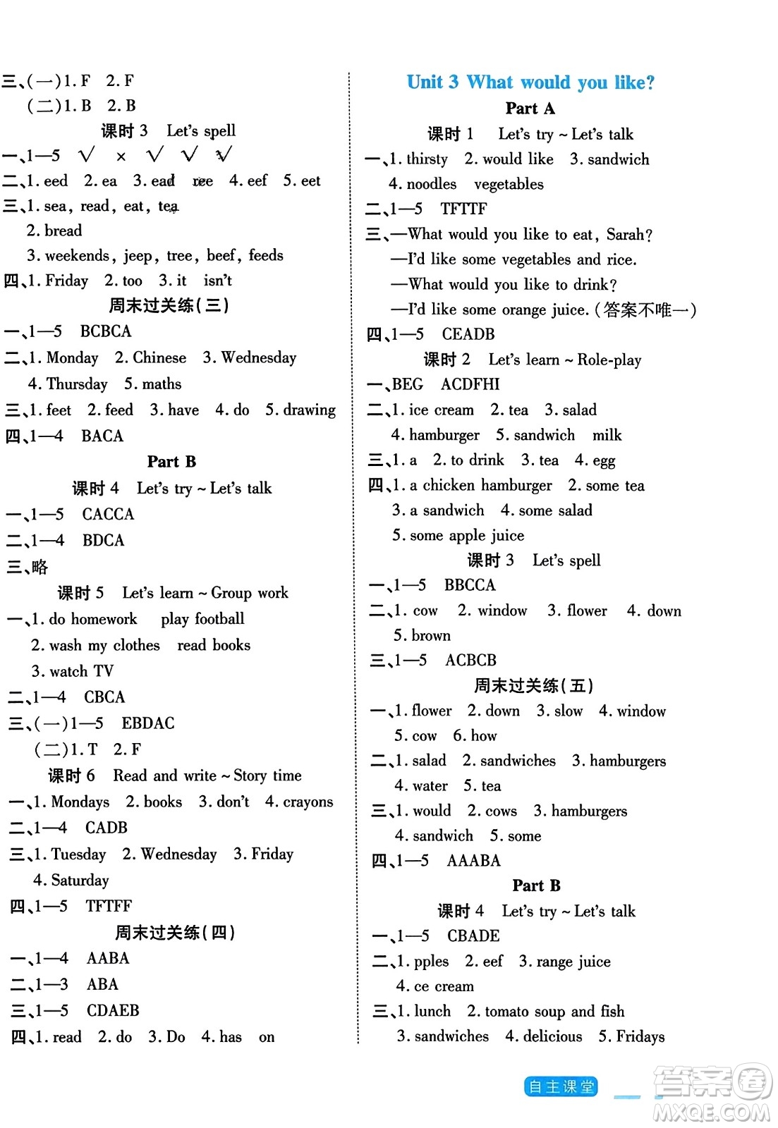 陽光出版社2023年秋自主課堂五年級英語上冊人教PEP版答案