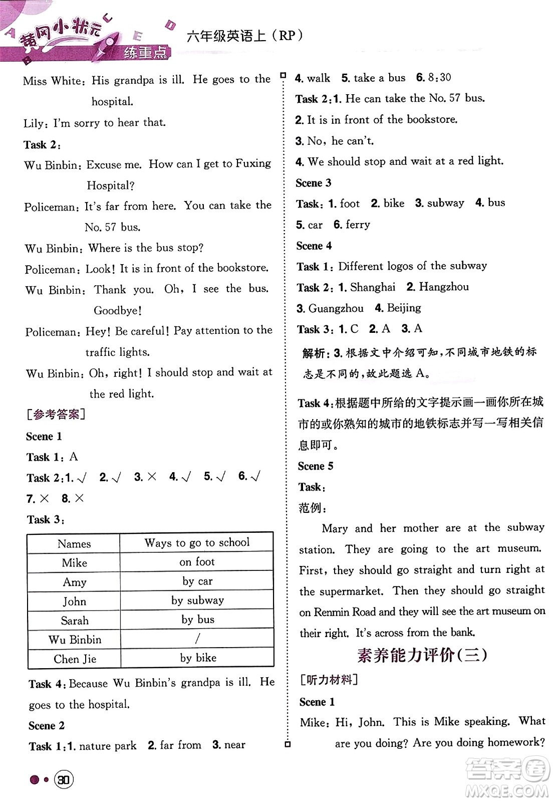 龍門書局2023年秋黃岡小狀元練重點培優(yōu)同步作業(yè)六年級英語上冊人教PEP版答案