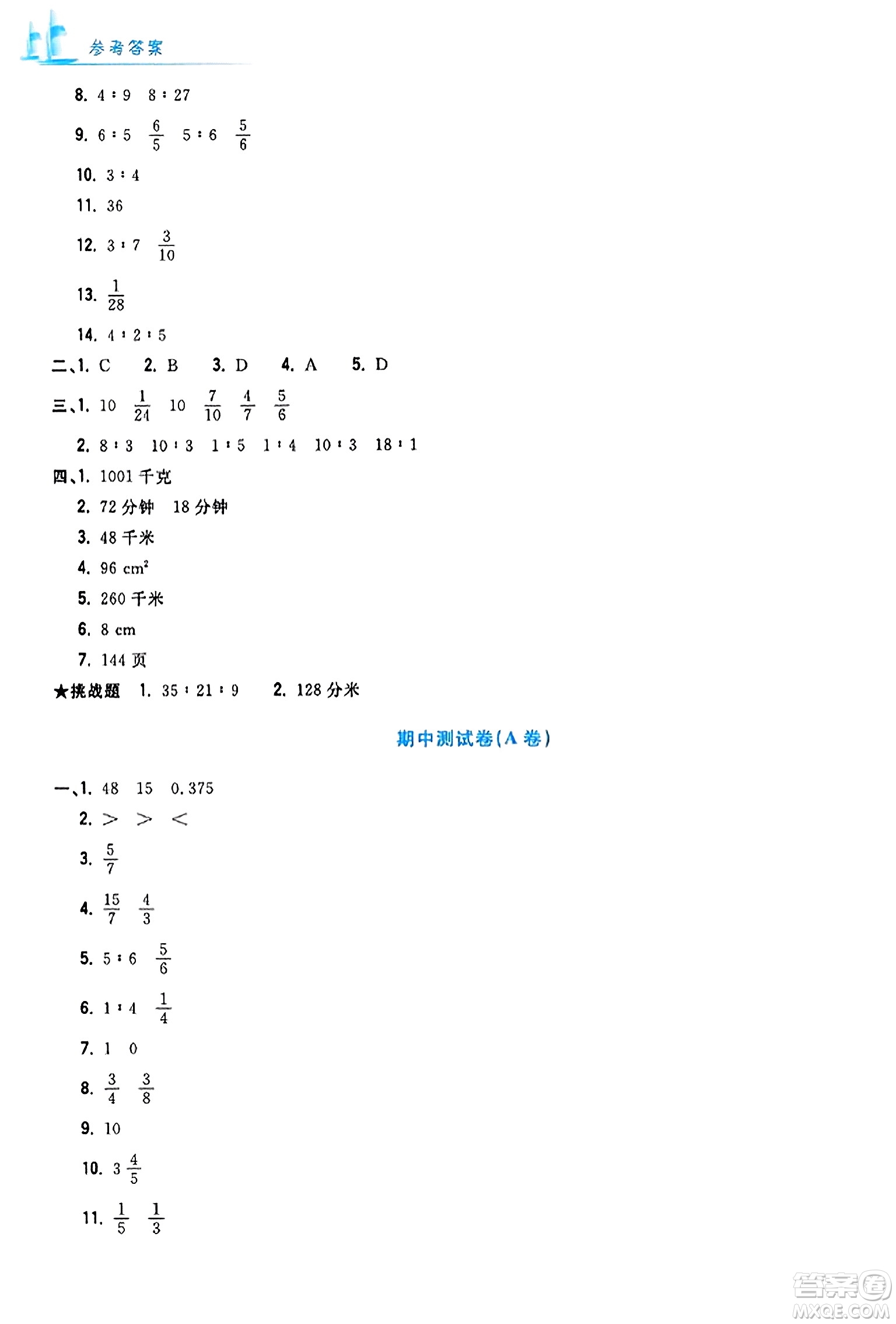 浙江工商大學(xué)出版社2023年秋學(xué)力測(cè)評(píng)小學(xué)生單元測(cè)試卷六年級(jí)數(shù)學(xué)上冊(cè)人教版答案