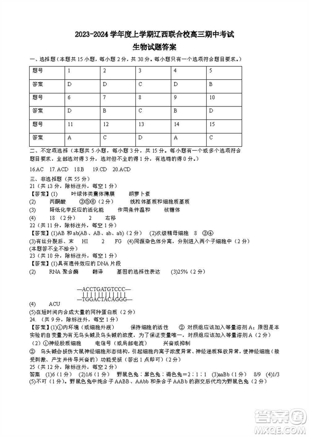 遼寧省2023-2024學(xué)年上學(xué)期遼西聯(lián)合校高三11月期中考試生物答案