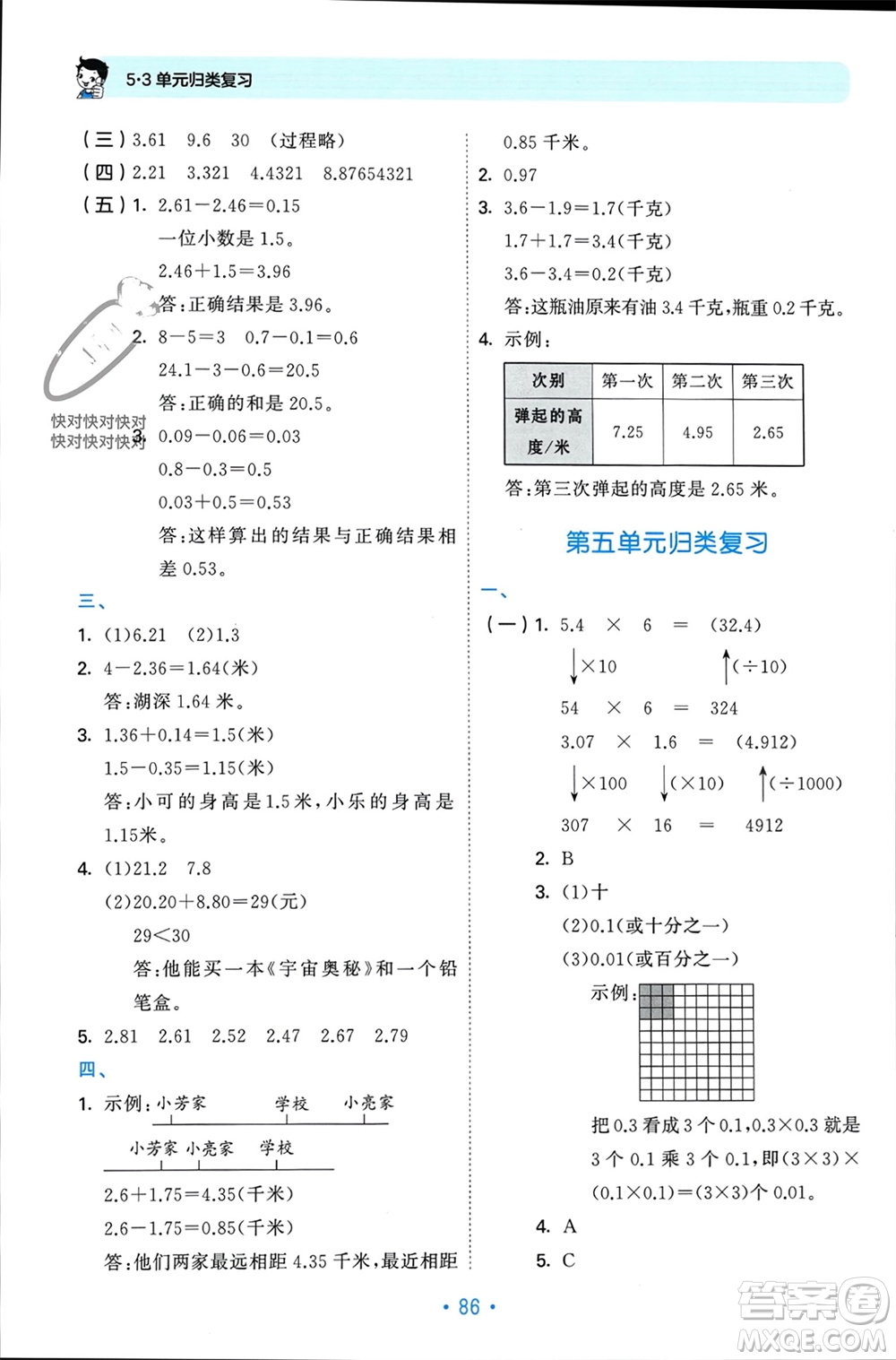 首都師范大學出版社2023年秋53單元歸類復習五年級數(shù)學上冊蘇教版參考答案