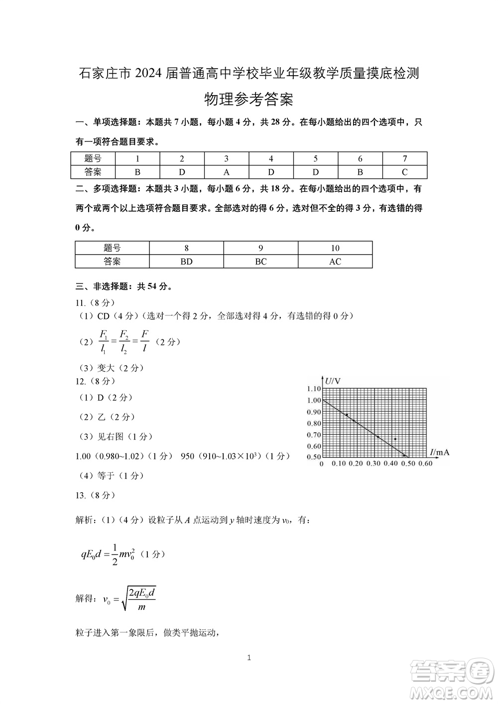 石家莊市2024屆高三上學(xué)期11月教學(xué)質(zhì)量摸底檢測(cè)物理答案