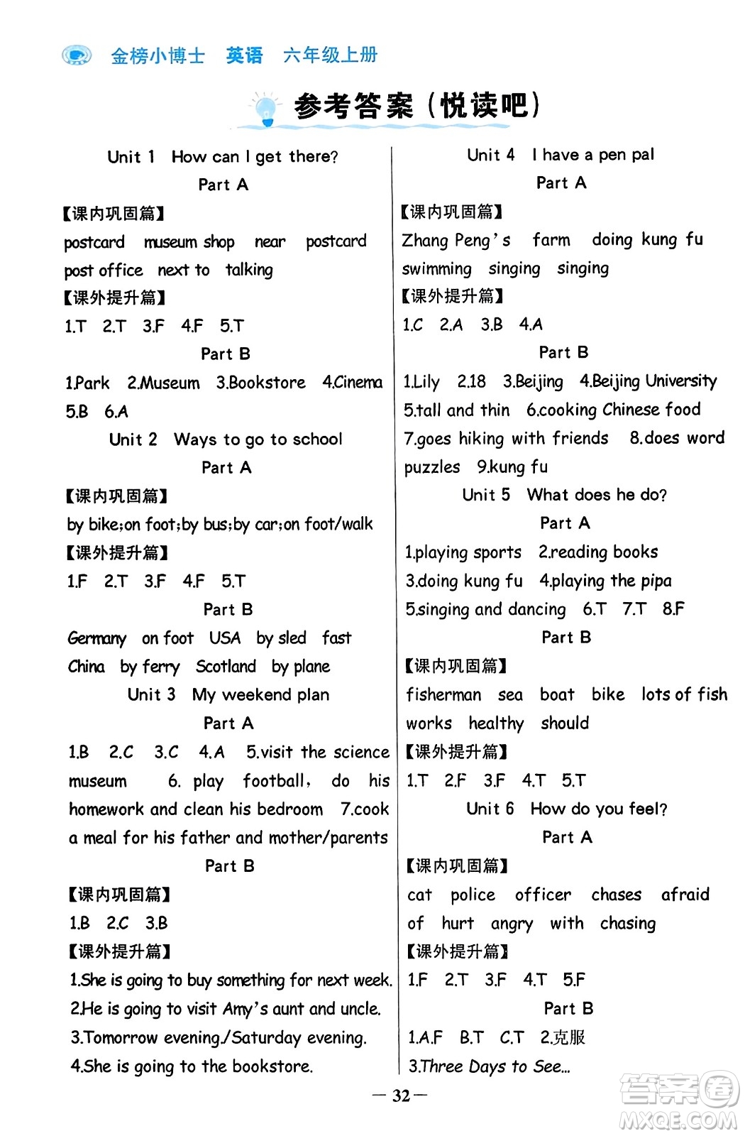 遼寧少年兒童出版社2023年秋世紀(jì)金榜金榜小博士六年級(jí)英語上冊(cè)通用版答案