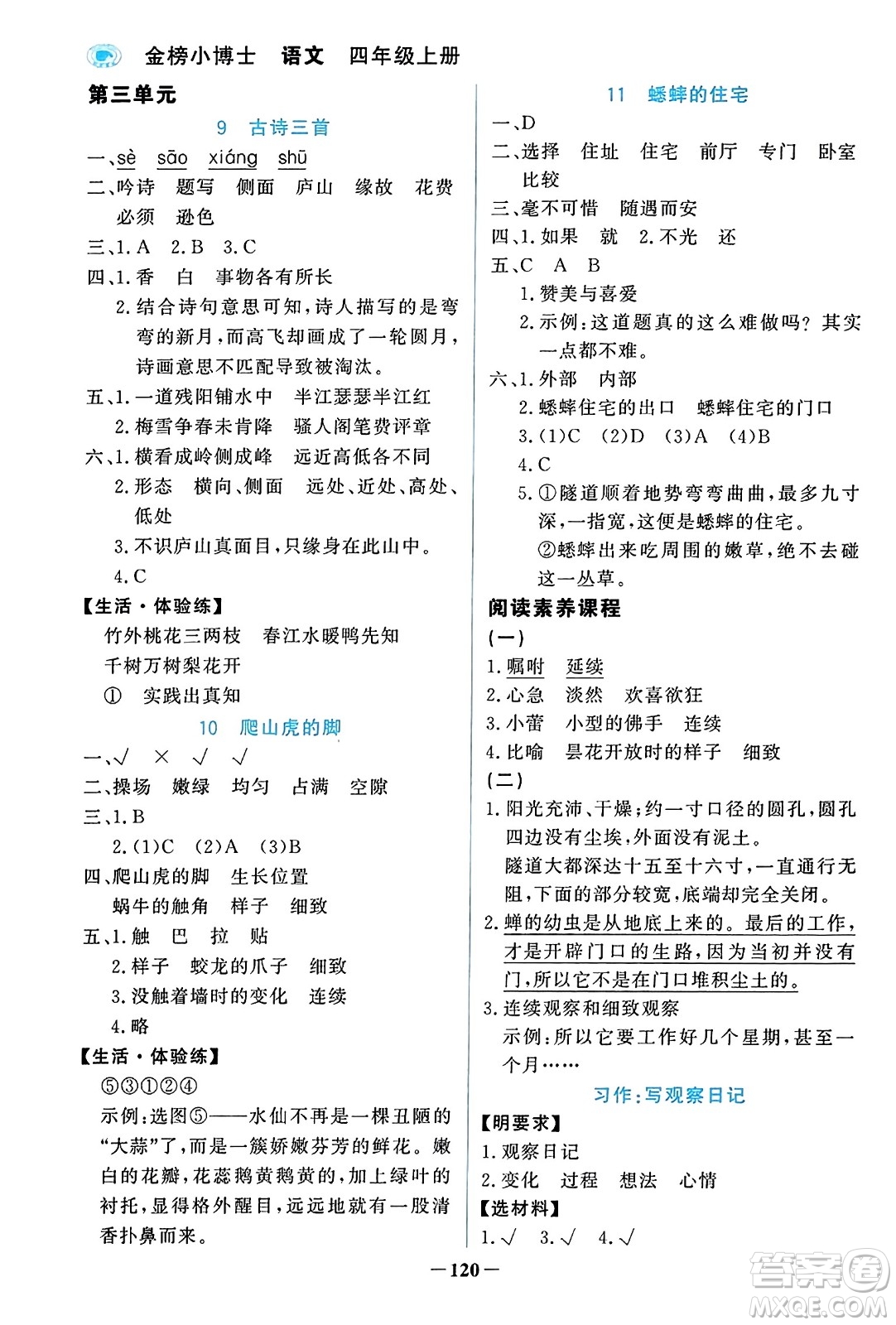 遼寧少年兒童出版社2023年秋世紀(jì)金榜金榜小博士四年級(jí)語文上冊(cè)通用版答案