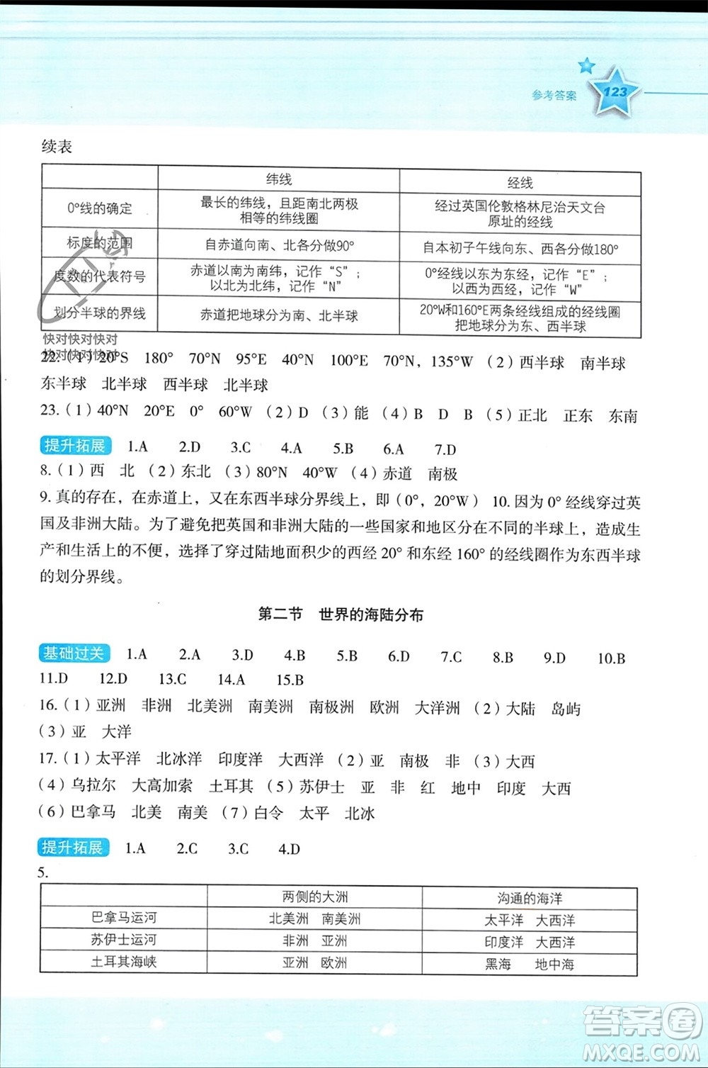 湖南教育出版社2023年秋新課標初中地理同步伴你學七年級上冊湘教版參考答案