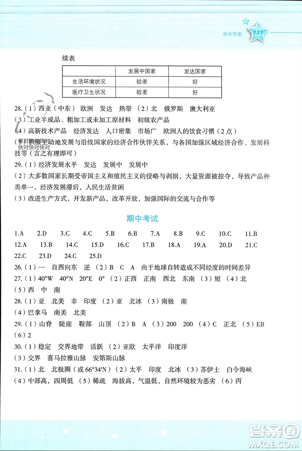 湖南教育出版社2023年秋新課標初中地理同步伴你學七年級上冊湘教版參考答案