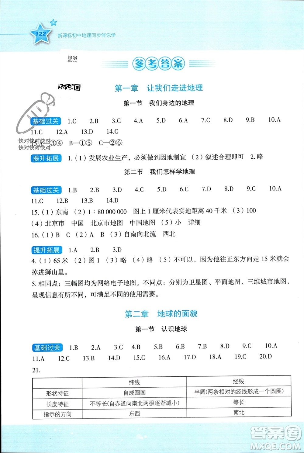 湖南教育出版社2023年秋新課標初中地理同步伴你學七年級上冊湘教版參考答案