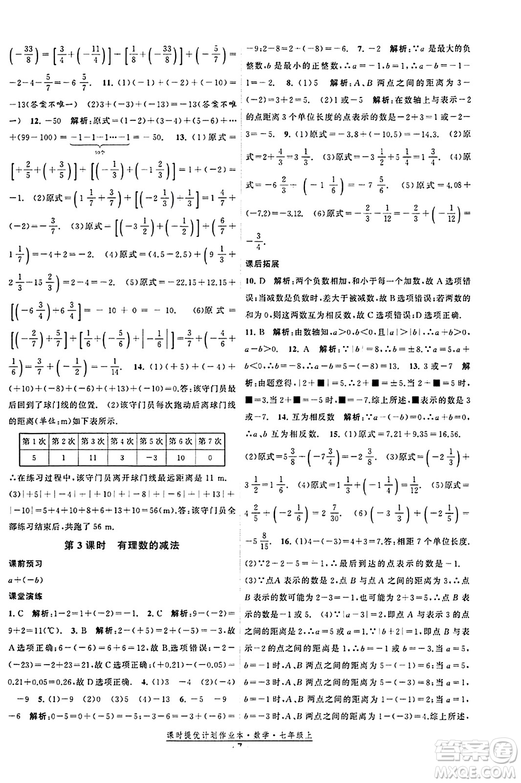 江蘇人民出版社2023年秋課時提優(yōu)計劃作業(yè)本七年級數(shù)學上冊蘇科版答案