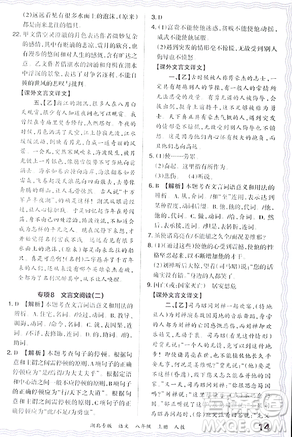 江西人民出版社2023年秋王朝霞各地期末試卷精選八年級(jí)語(yǔ)文上冊(cè)人教版湖北專版答案
