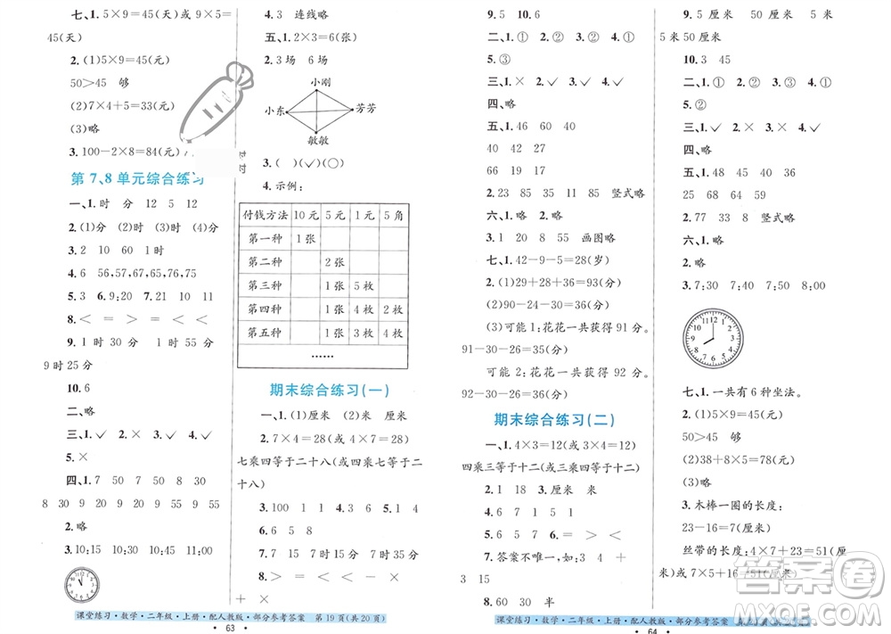 貴州教育出版社2023年秋課堂練習二年級數(shù)學上冊人教版參考答案