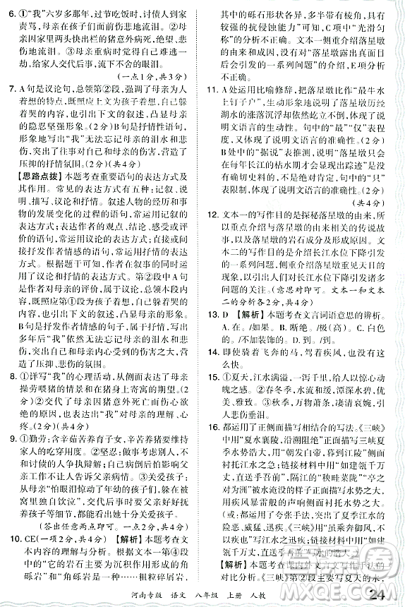 江西人民出版社2023年秋王朝霞各地期末試卷精選八年級語文上冊人教版河南專版答案
