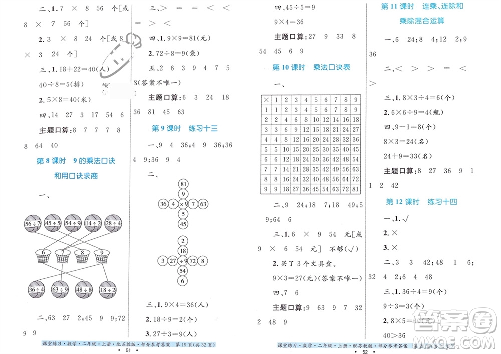 貴州教育出版社2023年秋課堂練習(xí)二年級數(shù)學(xué)上冊蘇教版參考答案