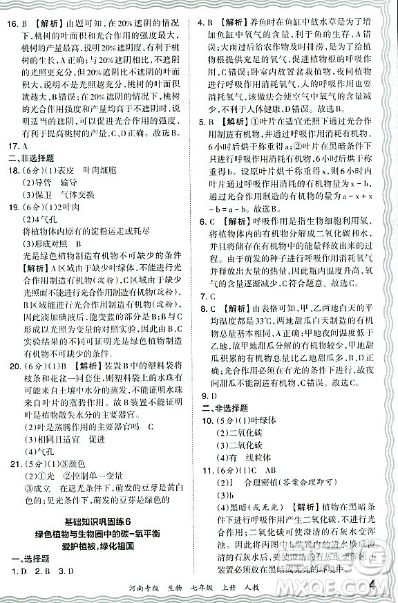 江西人民出版社2023年秋王朝霞各地期末試卷精選七年級(jí)生物上冊(cè)人教版河南專版答案