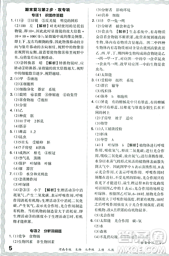 江西人民出版社2023年秋王朝霞各地期末試卷精選七年級(jí)生物上冊(cè)人教版河南專版答案