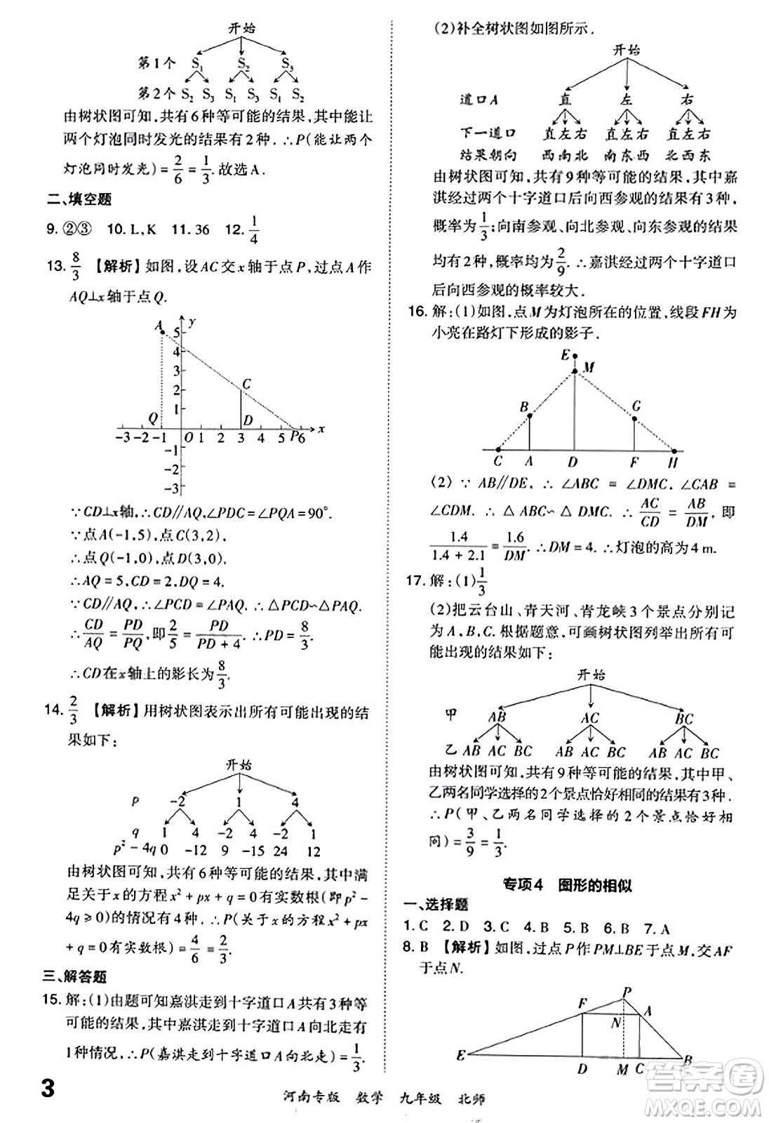 江西人民出版社2023年秋王朝霞各地期末試卷精選九年級(jí)數(shù)學(xué)全一冊(cè)北師大版河南專版答案