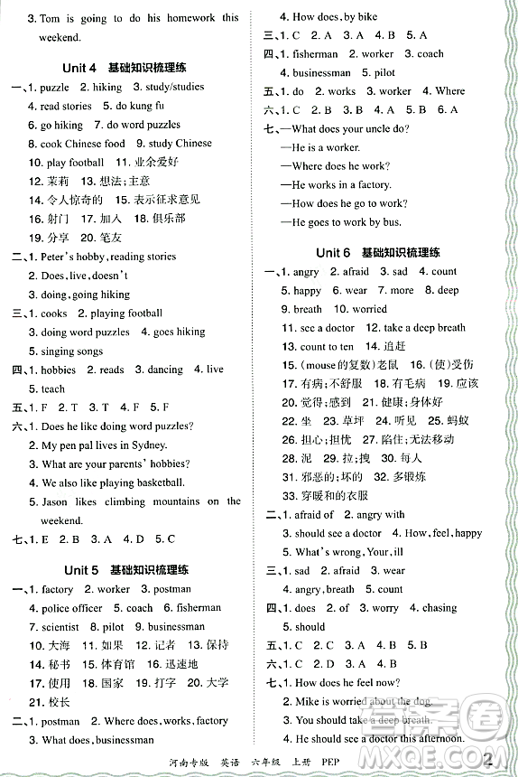 江西人民出版社2023年秋王朝霞各地期末試卷精選六年級英語上冊人教PEP版河南專版答案
