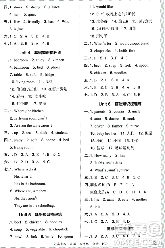 江西人民出版社2023年秋王朝霞各地期末試卷精選四年級英語上冊人教PEP版河南專版答案