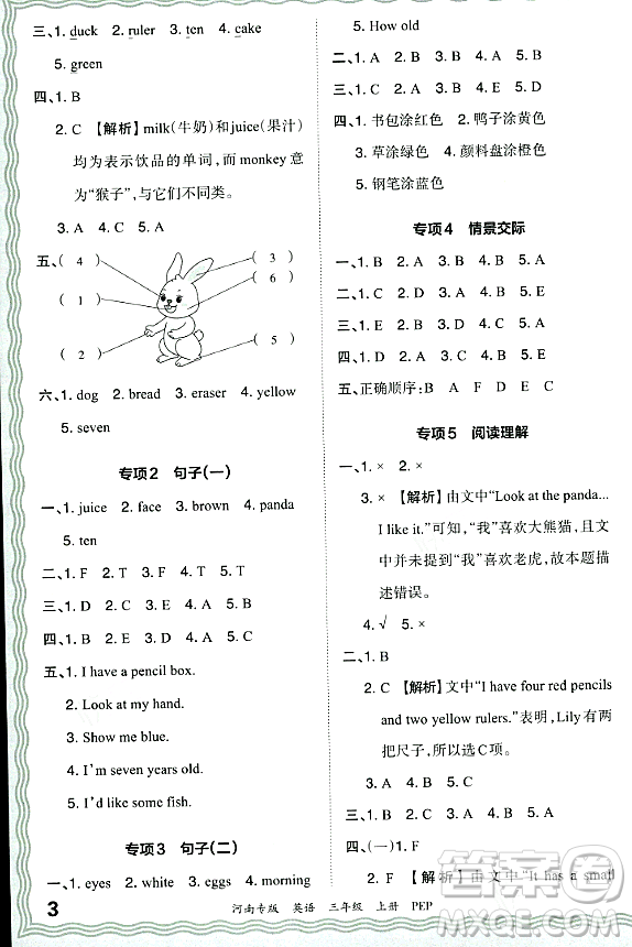 江西人民出版社2023年秋王朝霞各地期末試卷精選三年級(jí)英語上冊(cè)人教PEP版河南專版答案