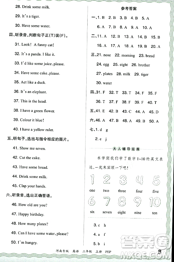 江西人民出版社2023年秋王朝霞各地期末試卷精選三年級(jí)英語上冊(cè)人教PEP版河南專版答案